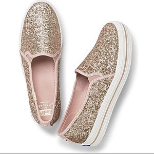 Kate Spade New York x Keds Triple Decker Rose Pink Glitter Platform Slip On’s